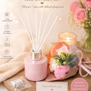 May include: A pink cylindrical reed diffuser bottle with white reeds, a silver collar, and the text HOME FRAGRANCE. The set includes a small bouquet of pink artificial roses wrapped in paper, a small gift card with the text Especially for you, and a small plastic bag containing a metal accessory.