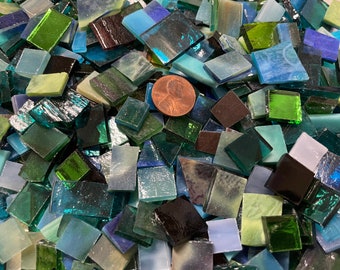 BLUE RAINBOW Odd Size Mix 75 Tiles approx 3/8”-1/2” Stained Glass B3