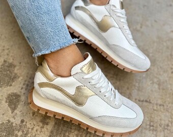 White Leather Chunky Sneakers Women, Gold Accents, Cushioned Trainers, Streetwear Shoes