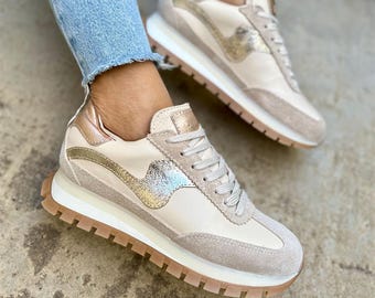 Beige Leather Chunky Sneakers Women, Neutral Platform Trainers, Cushioned Support