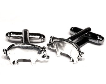 Pig Cufflinks, Men's Handcrafted Hog Silver Swine Cuff Links- Prom Groom Wedding Mans Barnyard Farm Animal Gift