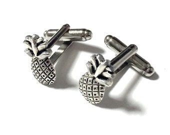 Silver Pineapple Cufflinks, Men's Welcome Hospitality Tropical Fruit Pina Ananas Cuff Links- Groom Wedding Guy Prom Mans Gift