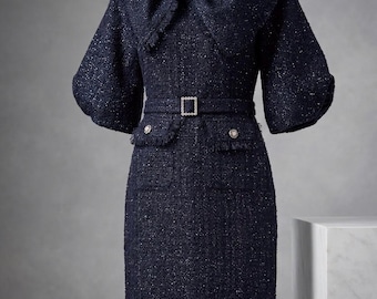 Vestido midi de tweed azul marino / Escote con lazo extragrande, corte en A con cinturón, ropa formal texturizada