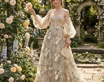Vestido de gala romántico con corsé y apliques florales en 3D - Vestido de fiesta y boda de ensueño