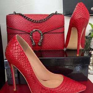 May include: A red snakeskin-textured handbag with a silver chain strap and a matching pair of high heels. The heels have a pointed toe and a stiletto heel. The handbag features a decorative clasp.