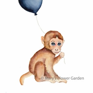 monkey nursery decor, monkey baby art, monkey watercolor, monkey with balloon, baby monkey print, kids wall art, boy&#39;s nursery