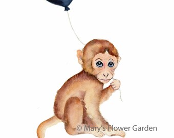 monkey nursery decor, monkey baby art, monkey watercolor, monkey with balloon, baby monkey print, kids wall art, boy's nursery