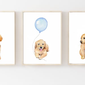 puppy dog nursery art, golden retriever prints, pastel blue boys room decor, golden retriever art, golden retriever nursery image 1