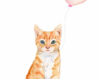 orange kitten, cat watercolor, cute cat painting, baby girl nursery decor, cat bathroom decor, orange tabby cat