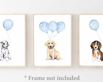 Puppy nursery wall art, dog watercolor prints, yellow lab gift, puppy decor, pastel blue nursery