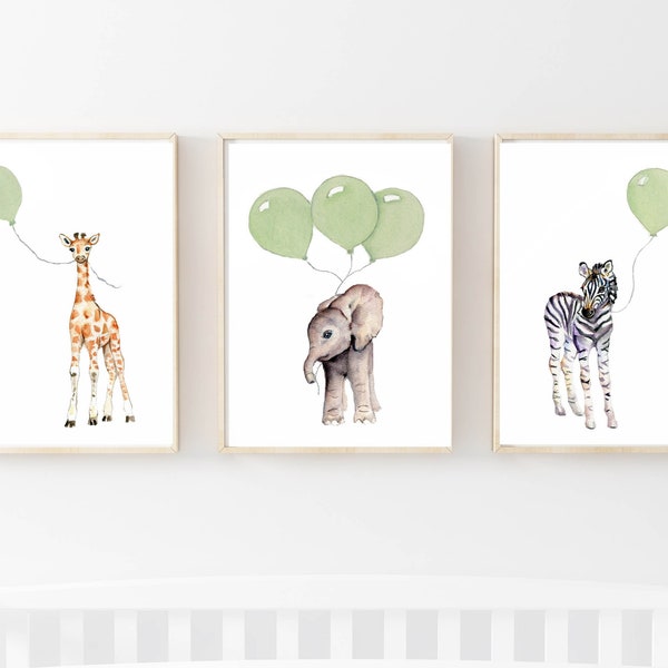 sage green baby nursery, safari animal watercolor prints, neutral nursery color, baby room decor, green nursery wall art