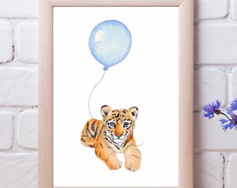 baby animal prints, boys room wall decor, 8 X 10 print, tiger watercolor, blue balloon, boys bedroom, tiger illustration, animal nursery art