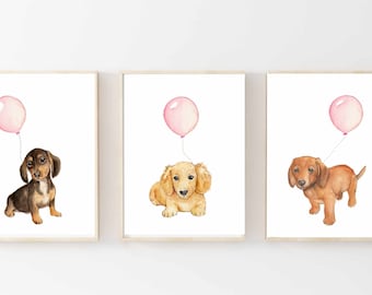 Dachshund puppy watercolor, nursery set, set of three prints, dog nursery art,