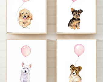 Decoración de guardería de cachorros, Decoración de habitación de bebé niña, Guardería de niña, Pintura de perro westie, Impresiones de acuarela de perro, Rosa pastel, Cachorro yorkie