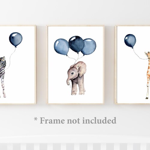 3 Watercolour Safari Animals With Blue Balloons Boys Nursery Wall Art Print Set 3 Watercolour Safari Animals With Blue Balloons Boys Nursery Wall Art Print Set