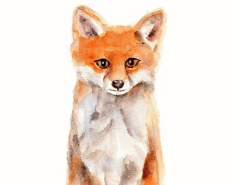 fox painting, watercolor fox, woodland decor for nursery, baby room art, rustic nursery decor