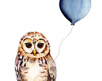 owl painting, owl nursery decor, woodland art for baby, watercolor print, wall art
