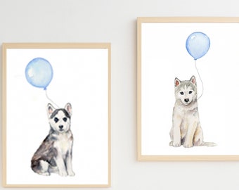 husky puppy watercolor, Siberian husky prints, puppy nursery art, husky lovers gift, gray and white nursery