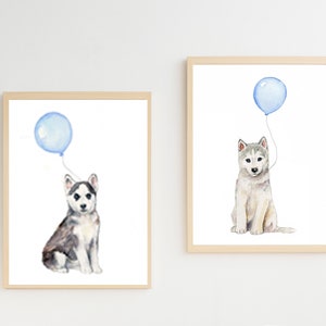 husky puppy watercolor, Siberian husky prints, puppy nursery art, husky lovers gift, gray and white nursery