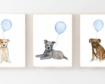 Pit bull puppy watercolor, nursery art, dog nursery decor, set of three prints,