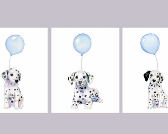 Dalmatian watercolor prints, Dalmatian puppy nursery set, dog art for kids room, pastel blue balloons