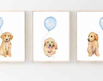 puppy dog nursery art, golden retriever prints, pastel blue boys room decor, golden retriever art, golden retriever nursery