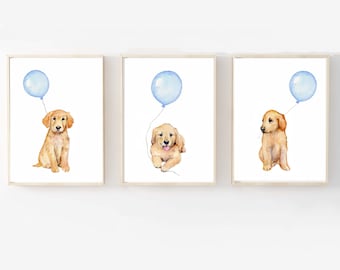 puppy dog nursery art, golden retriever prints, pastel blue boys room decor, golden retriever art, golden retriever nursery