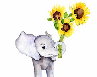 Elephant with sunflowers nursery art, elephant baby decor, girls nursery wall art, watercolor nursery