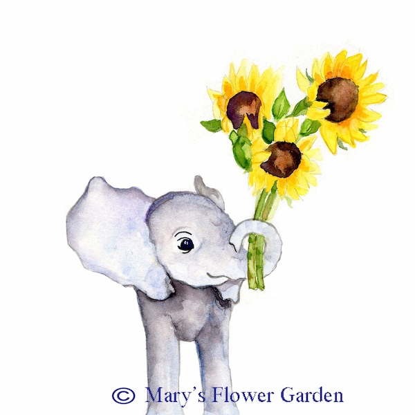 Elephant with sunflowers nursery art, elephant baby decor, girls nursery wall art, watercolor nursery