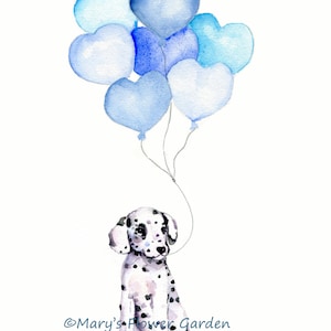 puppy nursery print, Dalmatian watercolor painting, boy baby gift, pastel blue decor, heart nursery