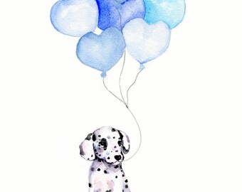 puppy nursery print, Dalmatian watercolor painting, boy baby gift, pastel blue decor, heart nursery