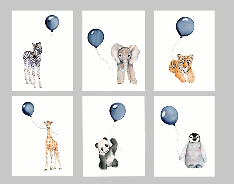 Nursery Prints Set Navy Boys Wall Art Baby Boy Watercolor Animal Safari