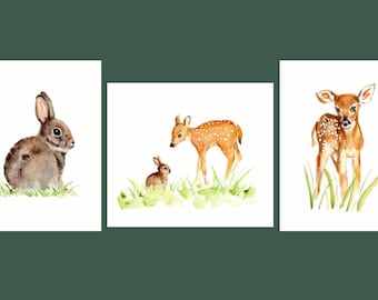 Deer and Rabbit Nursery Set- 3 prints, Woodland Nursery Set, Fawn and Rabbit Watercolors, Bunny Nursery Decor, Fawn Nursery Art,