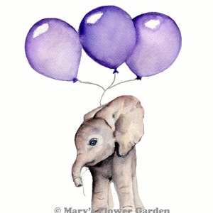 Op de afbeelding: Een aquarel schilderij van een baby olifant die drie paarse ballonnen vasthoudt. De olifant staat op zijn achterpoten en kijkt naar de zijkant. De achtergrond is wit.