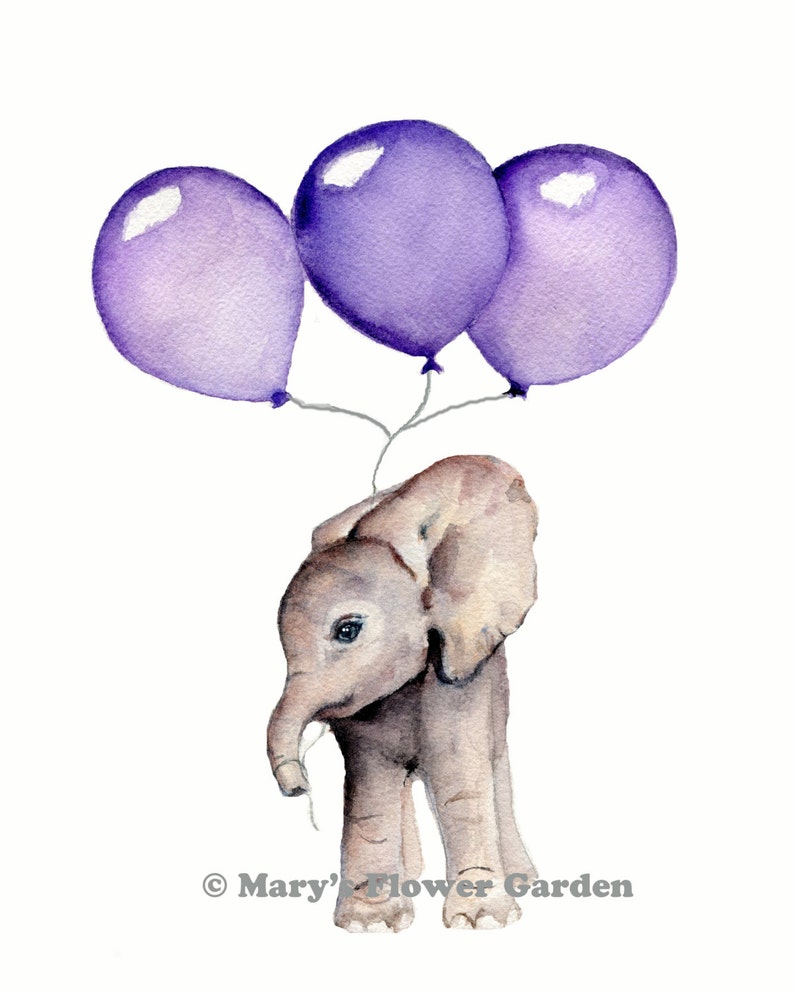 Op de afbeelding: Een aquarel schilderij van een baby olifant die drie paarse ballonnen vasthoudt. De olifant staat op zijn achterpoten en kijkt naar de zijkant. De achtergrond is wit.