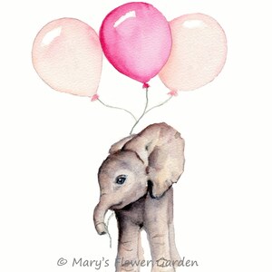 K&ouml;nnte beinhalten: Ein Aquarellbild eines grauen Babyelefanten, der drei Ballons h&auml;lt. Zwei der Ballons sind hellrosa und einer ist dunkelrosa.
