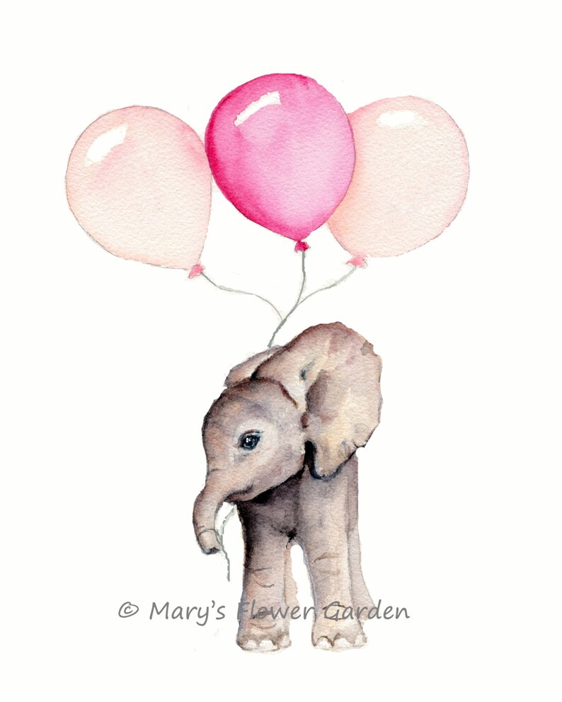 K&ouml;nnte beinhalten: Ein Aquarellbild eines grauen Babyelefanten, der drei Ballons h&auml;lt. Zwei der Ballons sind hellrosa und einer ist dunkelrosa.