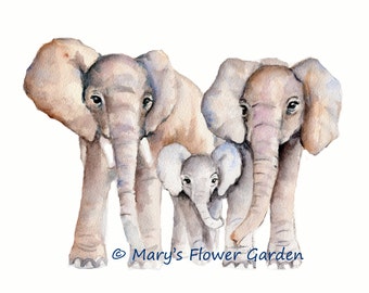 Elephant family, watercolor print,  nursery wall decor, Elephant Nursery art, Elephant painting, Children's room decor, family room