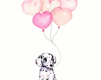 Decoración de la guardería de la niña, dálmata con globos, guardería de la niña rosa, arte de la pared de la guardería, acuarela del cachorro, decoración de la pared de los niños, regalo de la niña del bebé