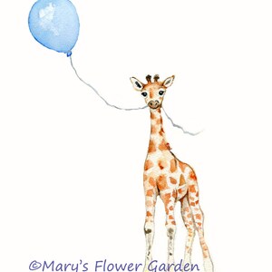 May include: A watercolor painting of a giraffe holding a blue balloon. The giraffe is brown and white with a long neck and long legs. The balloon is tied to the giraffe's neck with a string. The painting is signed "Mary's Flower Garden".
