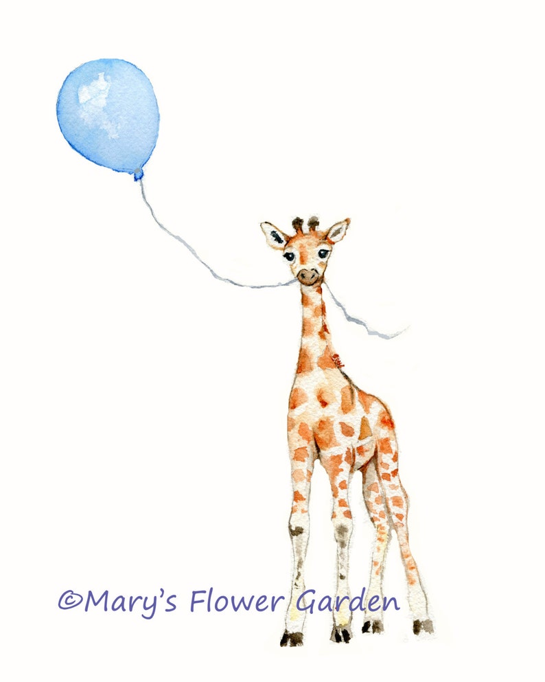 May include: A watercolor painting of a giraffe holding a blue balloon. The giraffe is brown and white with a long neck and long legs. The balloon is tied to the giraffe's neck with a string. The painting is signed "Mary's Flower Garden".