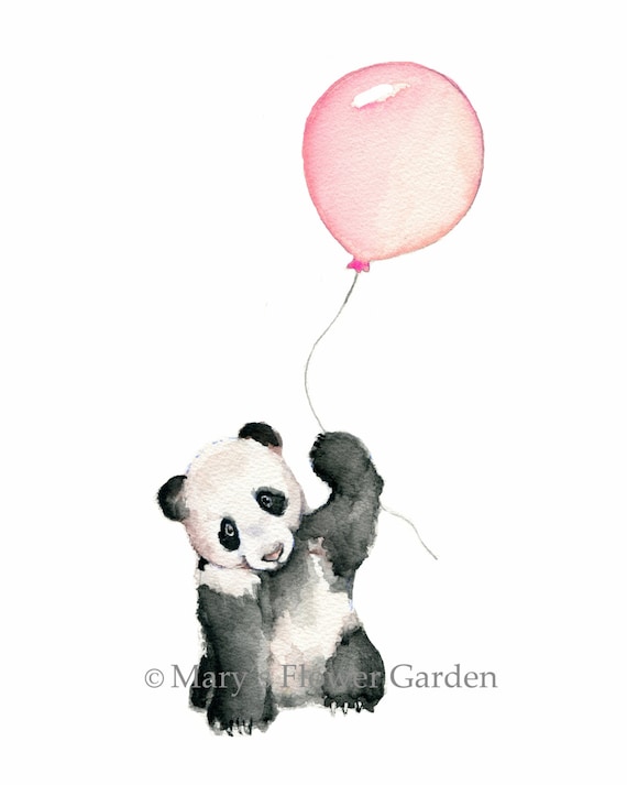panda bear nursery art, girls room prints, baby room art, baby animal nursery, pink baby room, pastel pink balloon, childs wall decor
