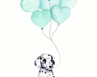 Mint nursery art, puppy with mint balloon, dog illustration, baby boy nursery art, neutral nursery decor, mint baby, kids wall art