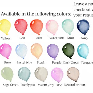 K&ouml;nnte beinhalten: Eine Tabelle mit 15 verschiedenen Ballonfarben, darunter Gelb, Rot, Koralle, Pastellrosa, Mint, Marineblau, Rosa, Pastellblau, Pfirsich, Lila, Dunkelgr&uuml;n, T&uuml;rkis, Salbeigr&uuml;n, Eukalyptus, Warmgrau, Flieder und Neutralbraun. Der Text "Erh&auml;ltlich in den folgenden Farben: Hinterlassen Sie eine Notiz an der Kasse mit Ihrer Anfrage" befindet sich oben in der Tabelle.