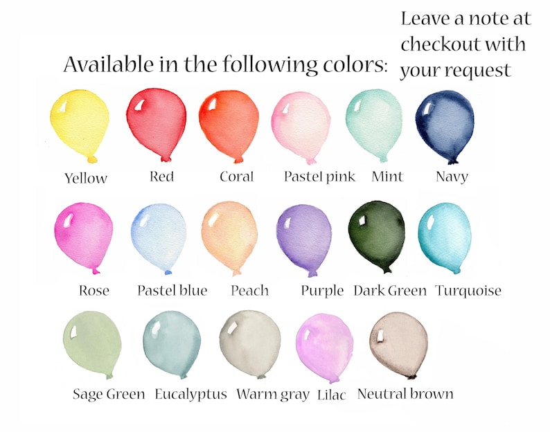 K&ouml;nnte beinhalten: Eine Tabelle mit 15 verschiedenen Ballonfarben, darunter Gelb, Rot, Koralle, Pastellrosa, Mint, Marineblau, Rosa, Pastellblau, Pfirsich, Lila, Dunkelgr&uuml;n, T&uuml;rkis, Salbeigr&uuml;n, Eukalyptus, Warmgrau, Flieder und Neutralbraun. Der Text "Erh&auml;ltlich in den folgenden Farben: Hinterlassen Sie eine Notiz an der Kasse mit Ihrer Anfrage" befindet sich oben in der Tabelle.