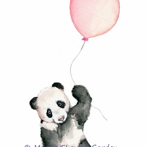 May include: A watercolor painting of a panda bear holding a pink balloon. The panda is looking up at the balloon, and the balloon is floating in the air. The painting is signed "Mary's Flower Garden".