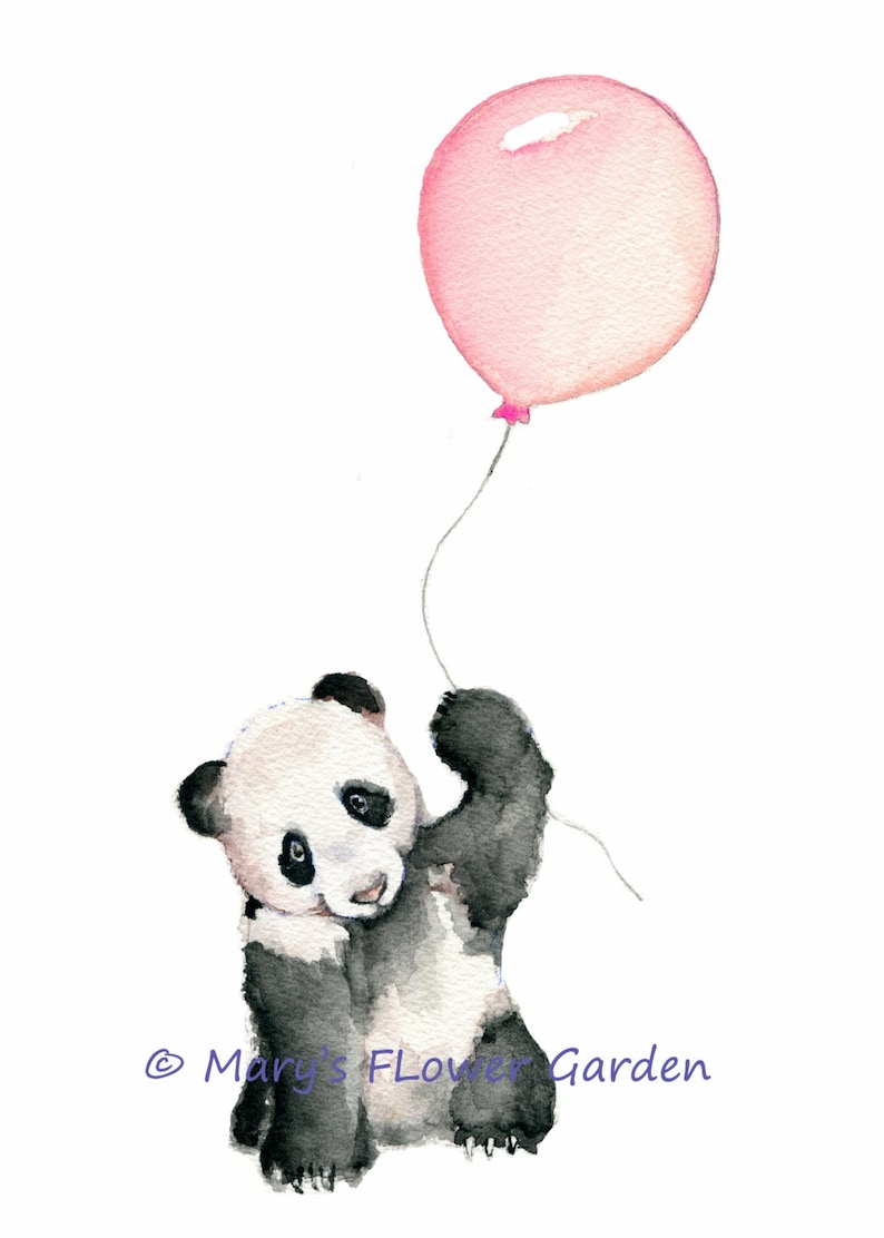 May include: A watercolor painting of a panda bear holding a pink balloon. The panda is looking up at the balloon, and the balloon is floating in the air. The painting is signed "Mary's Flower Garden".