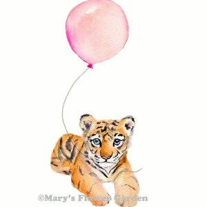 May include: A watercolor painting of a cute tiger cub with blue eyes, lying down and looking up at a pink balloon.