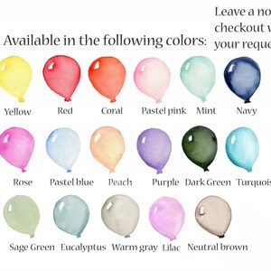 K&ouml;nnte beinhalten: Eine Tabelle mit 15 Aquarell-Ballonillustrationen in verschiedenen Farben, darunter Gelb, Rot, Koralle, Pastellrosa, Minze, Marineblau, Rose, Pastellblau, Pfirsich, Lila, Dunkelgr&uuml;n, T&uuml;rkis, Salbei, Eukalyptus, Warmgrau, Flieder und Neutralbraun. Der Text "Erh&auml;ltlich in den folgenden Farben: Hinterlassen Sie eine Notiz an der Kasse mit Ihrer Anfrage" befindet sich oben in der Tabelle.