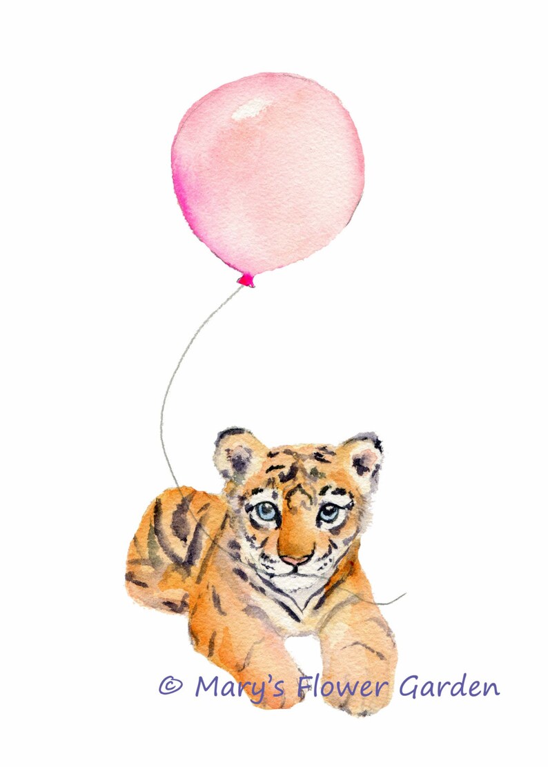 May include: A watercolor painting of a cute tiger cub holding a pink balloon. The tiger cub is looking at the viewer with big blue eyes. The background is white.